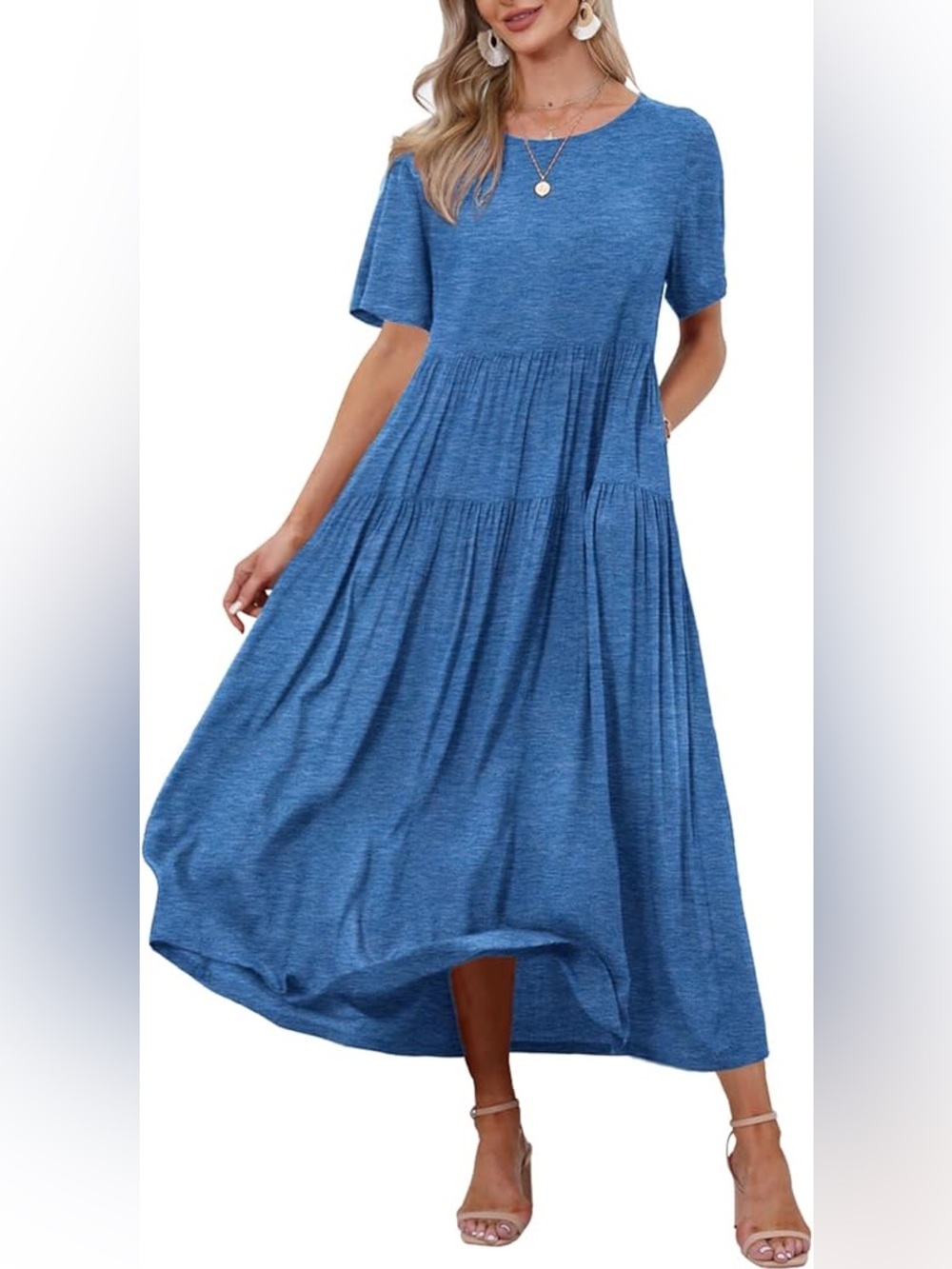 Blue Tiered Short-Sleeve Maxi Dress - Classic Casual